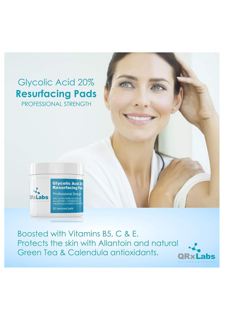 QRxLabs Glycolic Acid 20% Resurfacing Pads for Face & Body with Vitamins B5, C & E, Green Tea, Calendula, Allantoin - Exfoliates Surface Skin and Reduces Fine Lines and Wrinkles - Peel Pads