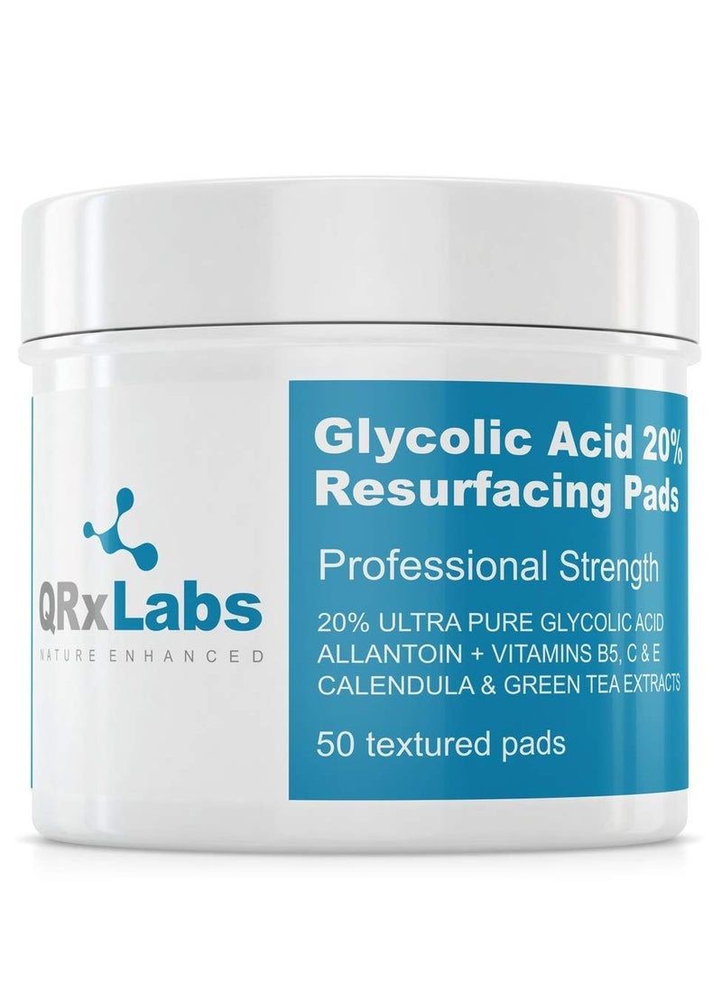 QRxLabs Glycolic Acid 20% Resurfacing Pads for Face & Body with Vitamins B5, C & E, Green Tea, Calendula, Allantoin - Exfoliates Surface Skin and Reduces Fine Lines and Wrinkles - Peel Pads