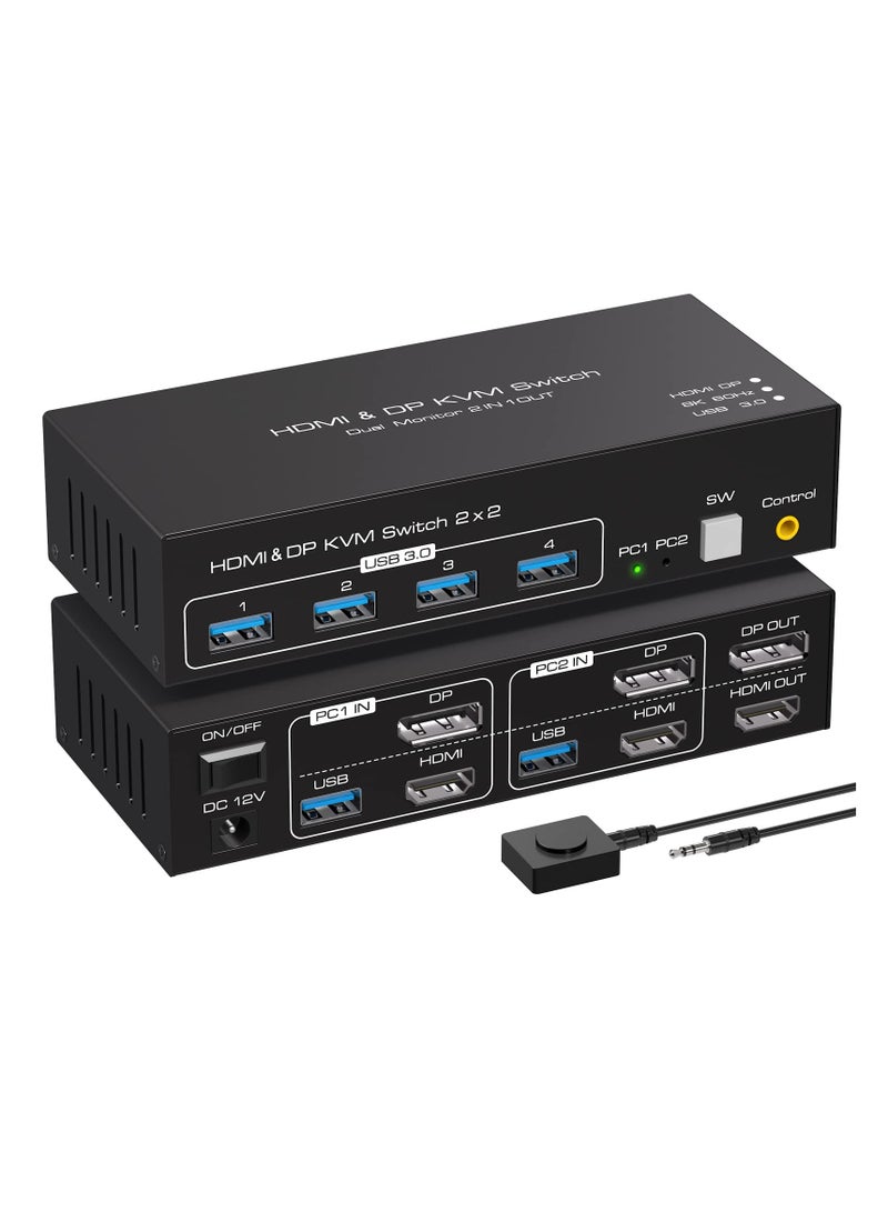 8K@60Hz HDMI+Displayport KVM Switch 2 Monitors 2 Computers USB 3.0 KVM Switch Dual Monitor 2 Port for 2 PC Share Multi Monitor and 4 USB Devices Wired Controller DC Adapter 2 USB Cables Included