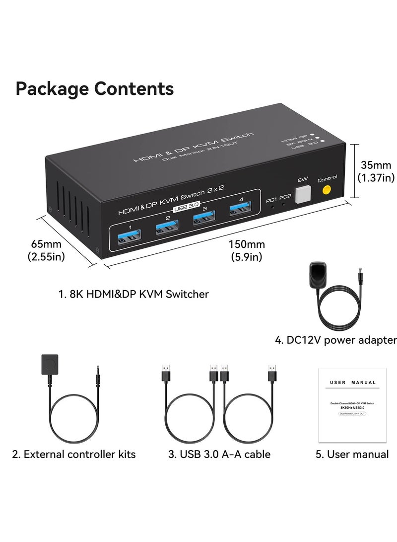 8K@60Hz HDMI+Displayport KVM Switch 2 Monitors 2 Computers USB 3.0 KVM Switch Dual Monitor 2 Port for 2 PC Share Multi Monitor and 4 USB Devices Wired Controller DC Adapter 2 USB Cables Included