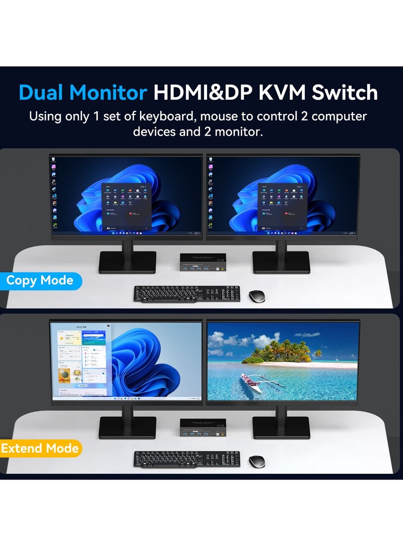 8K@60Hz HDMI+Displayport KVM Switch 2 Monitors 2 Computers USB 3.0 KVM Switch Dual Monitor 2 Port for 2 PC Share Multi Monitor and 4 USB Devices Wired Controller DC Adapter 2 USB Cables Included