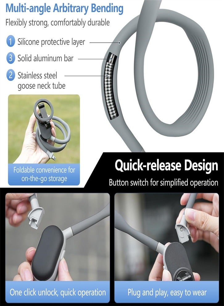 Neck Phone Holder, Cell Phone Holder Around Neck POV/Vlog Selfie Mount Hand Free Phones Neck Holder Video Recording Chest Stand for iPhone 15 14 13 12 Seires and All Smartphones (Grey)