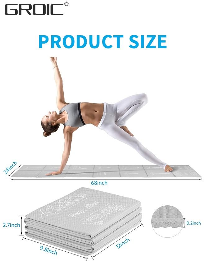 Foldable Yoga Mat with Illustrated Yoga Poses, Non Slip Exercise Mat for Home Gym, Travel Yoga Set With Stretch Strap for Yoga Pilates and Fitness