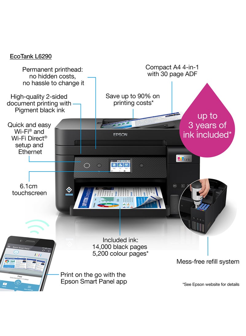 Ecotank L6290 Office Ink Tank Printer A4 Colour 4-In-1 Printer With ADF, Wi-Fi And Smart Panel Connectivity And Lcd Screen Black