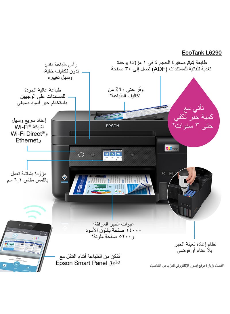 Ecotank L6290 Office Ink Tank Printer A4 Colour 4-In-1 Printer With ADF, Wi-Fi And Smart Panel Connectivity And Lcd Screen Black