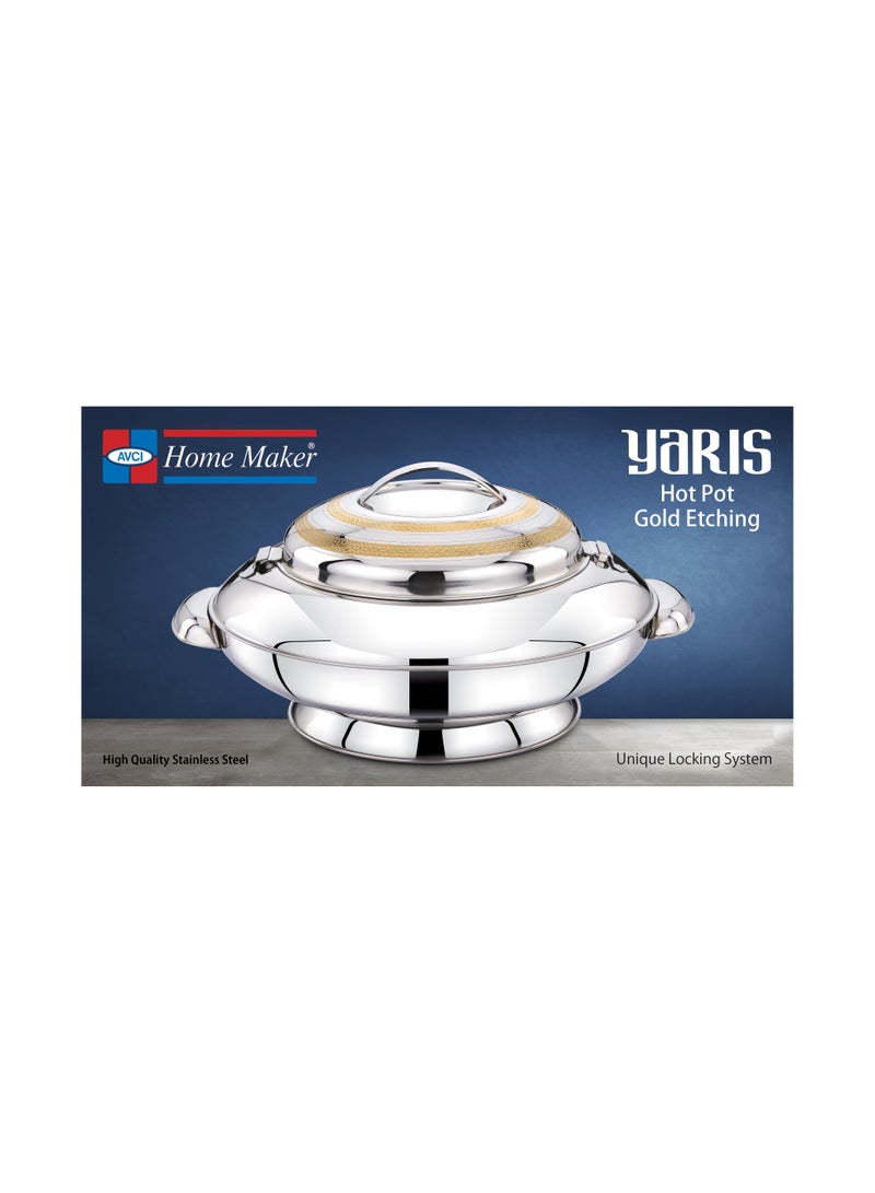 Yaris Hotpot 2500ml Capacity - Unique Locking Lid - High Quality Stainless Steel - Gold Etching & Silver