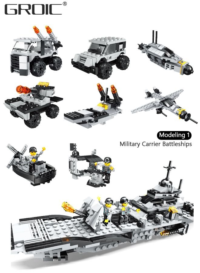 545Pcs Military Battleship Building Blocks Set, 8-in-1 Naval Battleship Model Building Toy Compatible Bricks Kit with Army Vehicles, Helicopter, Jet & Boats,STEM Construction Toy Gift