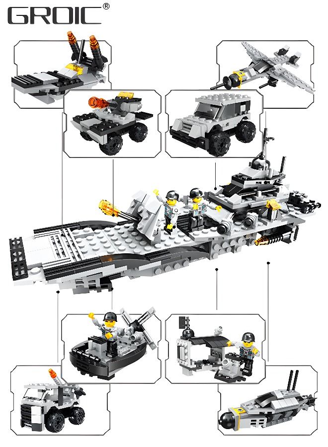 545Pcs Military Battleship Building Blocks Set, 8-in-1 Naval Battleship Model Building Toy Compatible Bricks Kit with Army Vehicles, Helicopter, Jet & Boats,STEM Construction Toy Gift