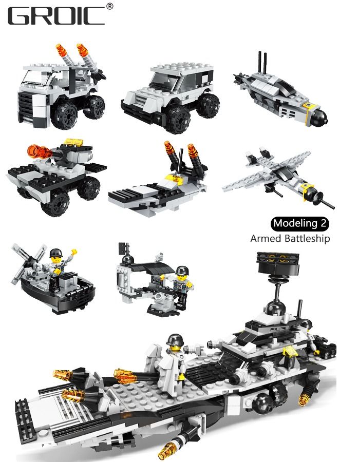 545Pcs Military Battleship Building Blocks Set, 8-in-1 Naval Battleship Model Building Toy Compatible Bricks Kit with Army Vehicles, Helicopter, Jet & Boats,STEM Construction Toy Gift