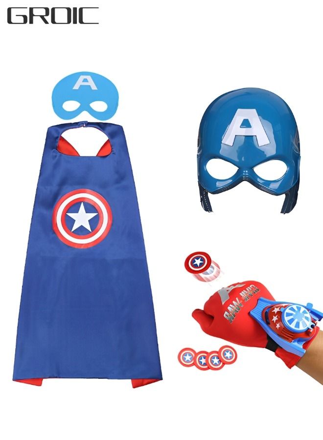 Superhero Launcher Toy Set, Captain America Costume Set, Superhero Costume Set, Superhero Cape and LED Mask,  Launcher Toy Gift for Kids