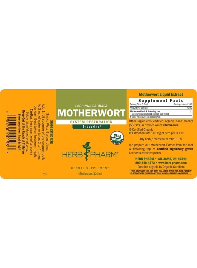 Certified Organic Motherwort Liquid Extract for Endocrine System Support - 4 Ounce