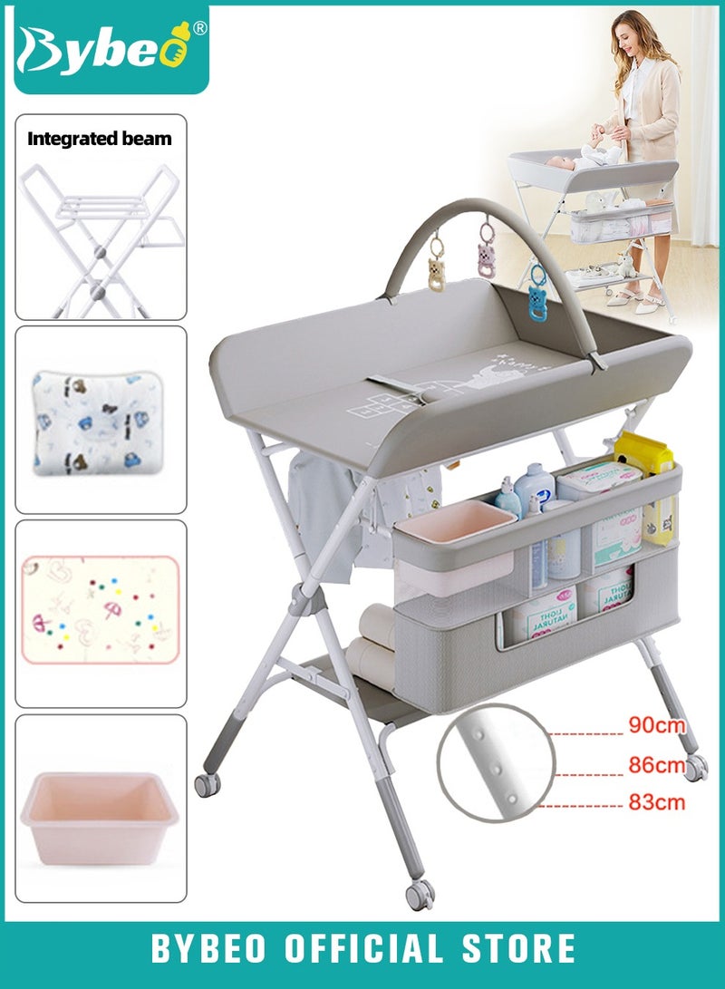 Baby Changing Table, Portable Diaper Dresser-Change Station for Infant, Foldable Nursing Tables, Mobile Nursery Organizer for Newborns and Infants,  with Adjustable Heights, Toy Rack, Double Shelves