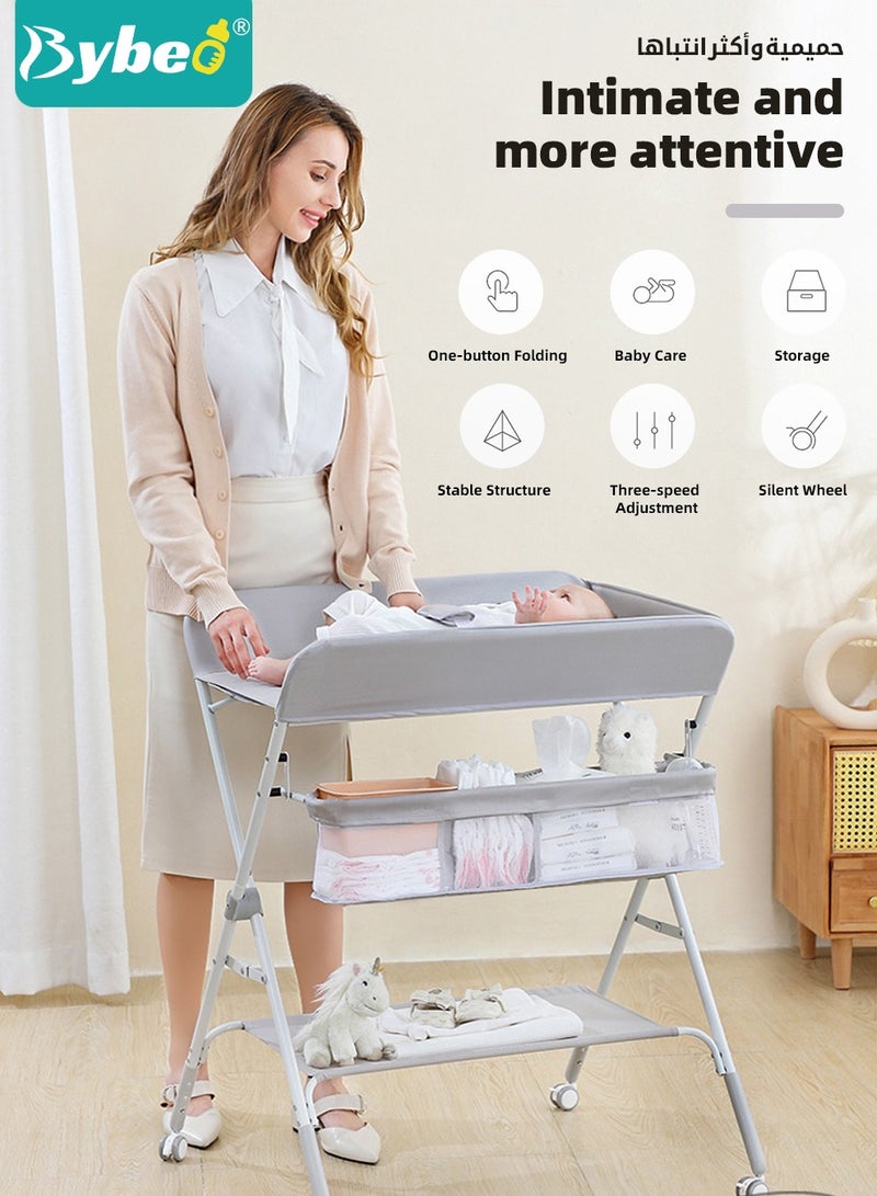 Baby Changing Table, Portable Diaper Dresser-Change Station for Infant, Foldable Nursing Tables, Mobile Nursery Organizer for Newborns and Infants,  with Adjustable Heights, Toy Rack, Double Shelves