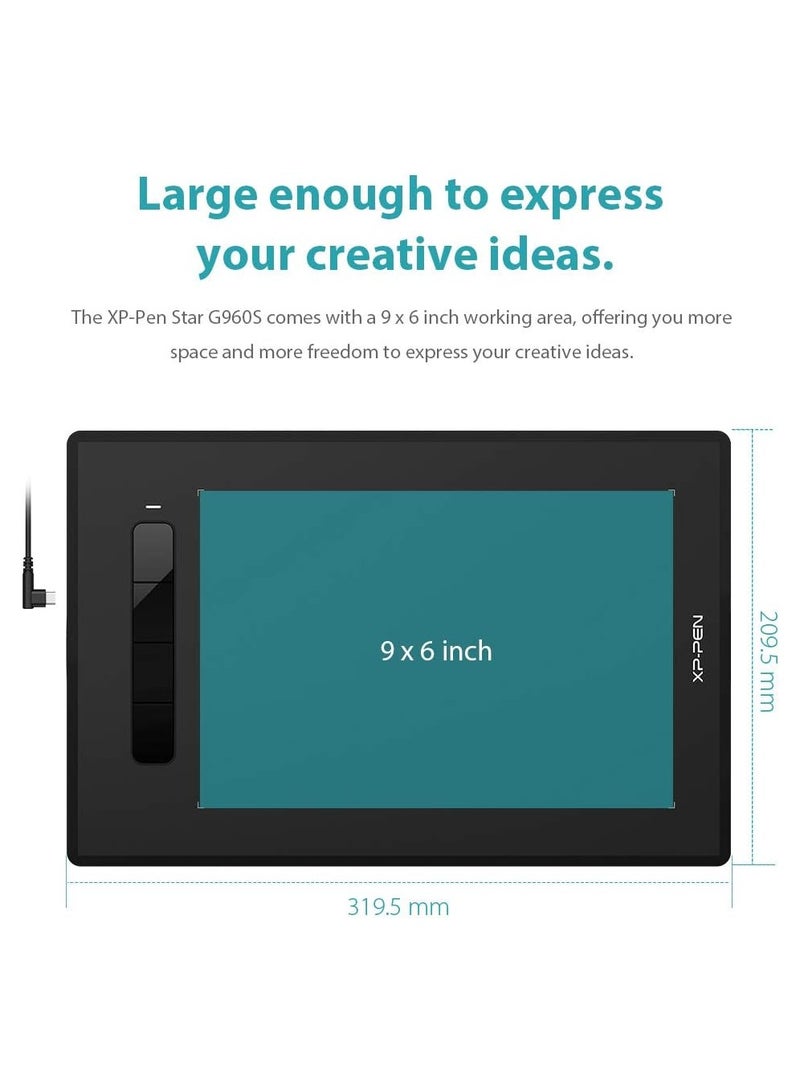 G960S Graphics Drawing Tablet | Includes Stylus, 8192 Levels of Pressure Sensitivity, Tilt Support (60°) | 9 x 6 Inches