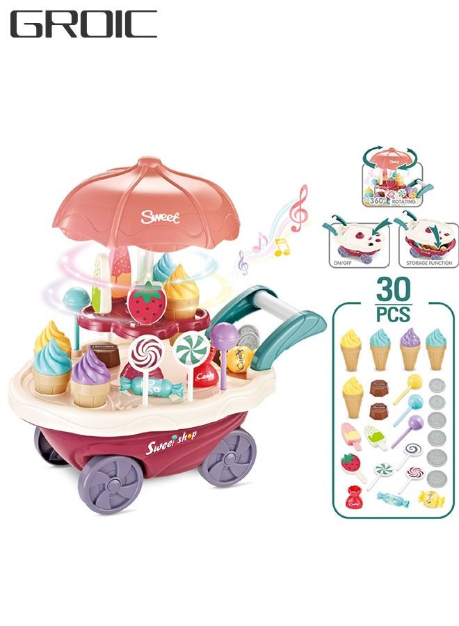 30PCS Rotating Ice Cream Cart Play Set for Kids Educational Ice Cream Shop Trolley Truck with with Music & Lighting - Great Gift for Girls and Boys