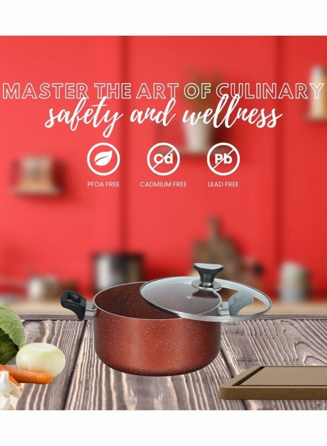 Sonex Casserole Premium Cookware, Even Heating, Tempered Glass Lid, High Quality Aluminum, Non-Stick Coating , Bakelite Heat Resistant Handle, Durable Construction, Easy to Clean, Copper 28Cm.