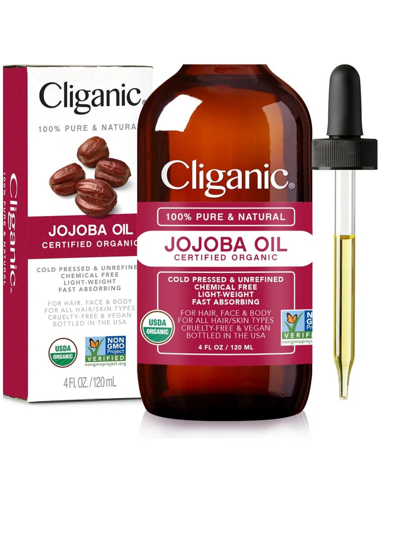 Cliganic Organic Jojoba Oil, 100% Pure (4oz) | Moisturizing Oil for Face, Hair, Skin & Nails | Natural Cold Pressed Hexane Free | Base Carrier Oil (Packaging May Vary)