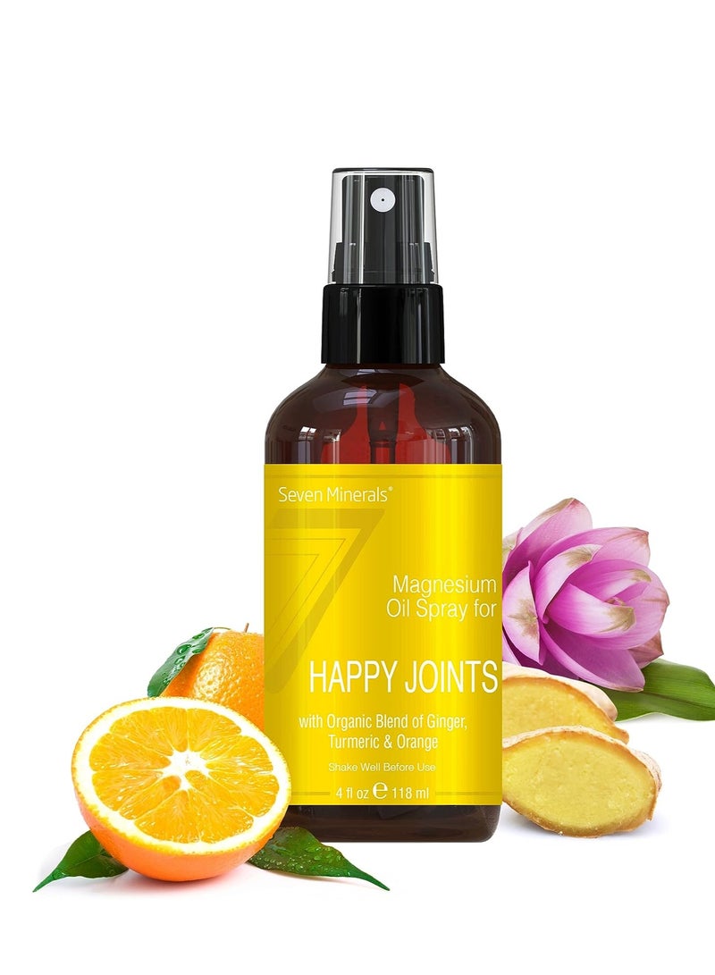 Magnesium Happy Joints Spray - Powerful USA Made Magnesium Oil Blend with Organic Essential Oils (Turmeric, Ginger and Orange) -  4 oz