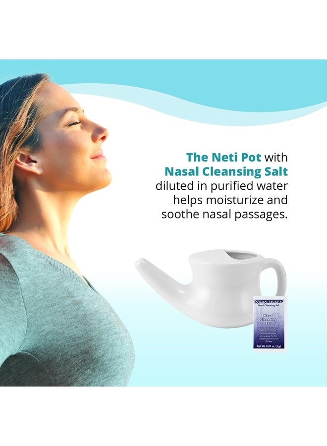 Neti Pot Sinus Rinse + Pre-Measured Cleansing Salt Pack – Dishwasher-Safe Ceramic Model, Patented Ergonomic No-Leak Design, Nasal Cleansing Pot, Nasal Irrigation