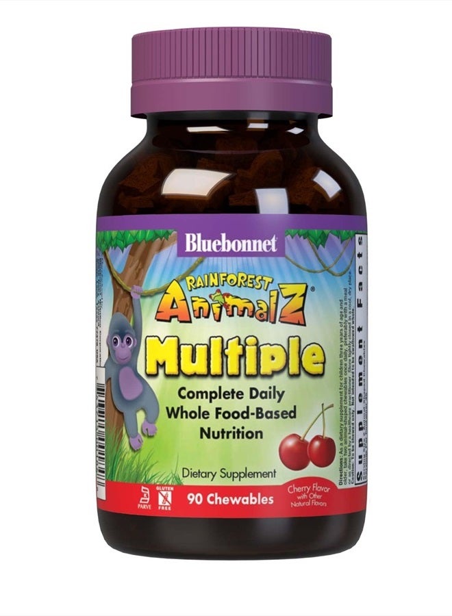 RainForest Animalz Multiple Complete Daily WholeFood Based Supplement Blend Multivitamin & Essential Minerals for Immune Health & Nutrient Support - Gluten-Free - 90 Cherry Chewable Tablets