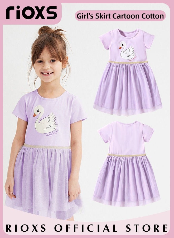 Girls Printed A-line Tutu Dress, Round Neck Short Sleeve Dress, Cotton Princess Summer Dress, Wonderful Summer Dresses for Girls, Crafted from Cotton Top and Tulle Skirt, Comfortable to Wear