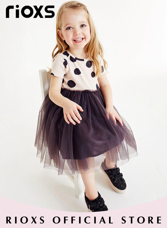 Girls Stylish A Line Tutu Dress, Round Neck Short Sleeve Dress, Wonderful Summer Dresses with Polka-dot Pattern, Comfortable to Wear, Suitable for Daily Wear, Vacation and Other Occasions, Great Gift Choice for Girls