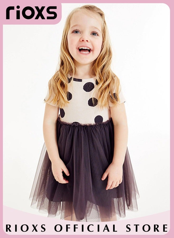 Girls Stylish A Line Tutu Dress, Round Neck Short Sleeve Dress, Wonderful Summer Dresses with Polka-dot Pattern, Comfortable to Wear, Suitable for Daily Wear, Vacation and Other Occasions, Great Gift Choice for Girls