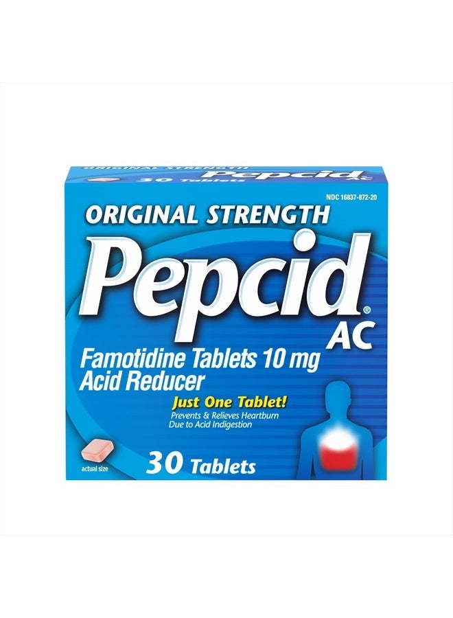 AC Original Strength Heartburn Relief Tablets, Prevents & Relieves Heartburn Due to Acid Indigestion & Sour Stomach, 10 mg Famotidine to Reduce & Control Acid, Fast-Acting, 30 Ct