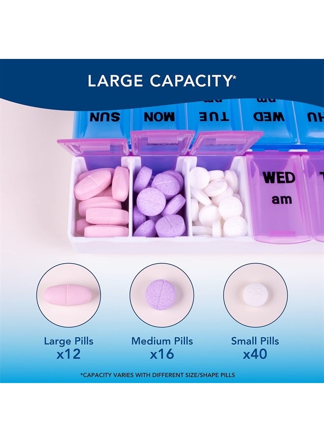 Twice-A-Day Weekly Pill Organizer, Weekly Pill Organizer, 2 Times a Day Color-Coded, Easy-Open, See-Through Lids, Organize Medication or Vitamins by AM, PM or Morning and Bedtime, Assorted