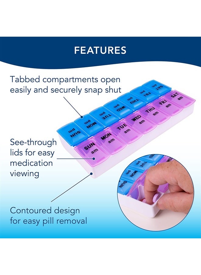 Twice-A-Day Weekly Pill Organizer, Weekly Pill Organizer, 2 Times a Day Color-Coded, Easy-Open, See-Through Lids, Organize Medication or Vitamins by AM, PM or Morning and Bedtime, Assorted