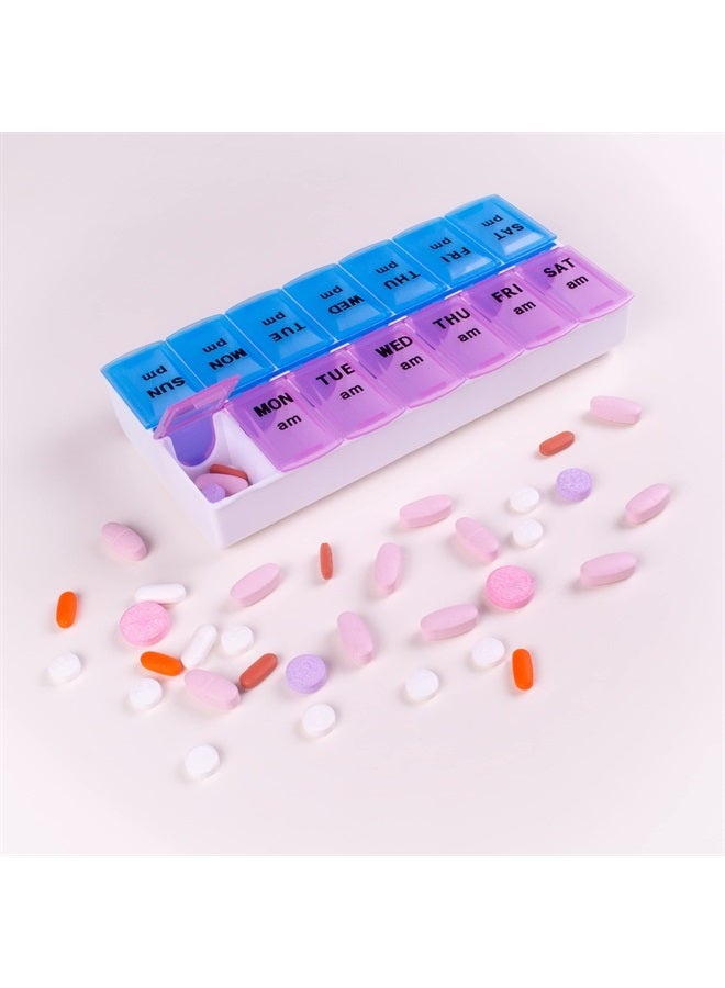 Twice-A-Day Weekly Pill Organizer, Weekly Pill Organizer, 2 Times a Day Color-Coded, Easy-Open, See-Through Lids, Organize Medication or Vitamins by AM, PM or Morning and Bedtime, Assorted