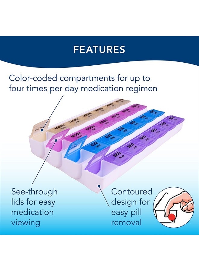 7-Day Mediplanner Pill Organizer, Weekly Pill Organizer, 4 Times A Day Color-Coded, Easy-Open, See-Through Lids, Organize Medication Or Vitamins By AM, PM, Evening And Bedtime