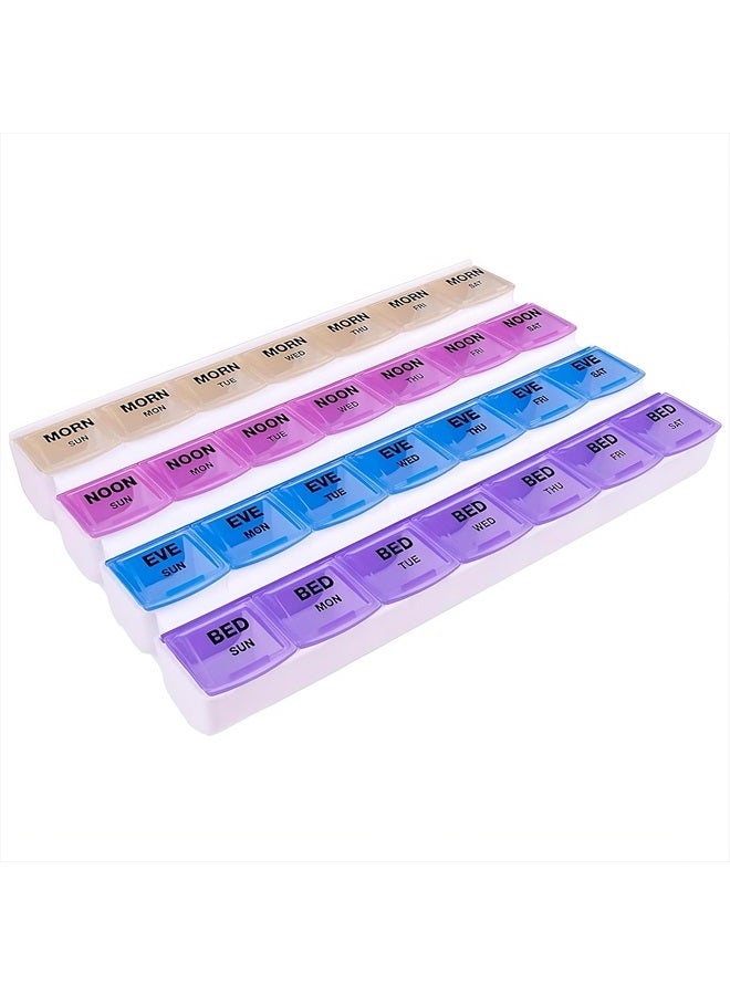 7-Day Mediplanner Pill Organizer, Weekly Pill Organizer, 4 Times A Day Color-Coded, Easy-Open, See-Through Lids, Organize Medication Or Vitamins By AM, PM, Evening And Bedtime