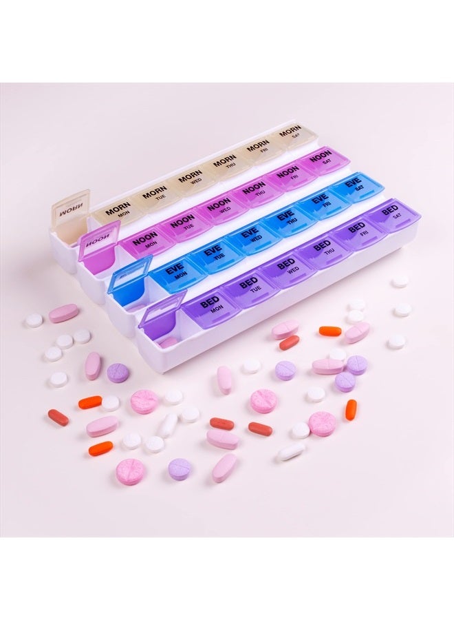 7-Day Mediplanner Pill Organizer, Weekly Pill Organizer, 4 Times A Day Color-Coded, Easy-Open, See-Through Lids, Organize Medication Or Vitamins By AM, PM, Evening And Bedtime