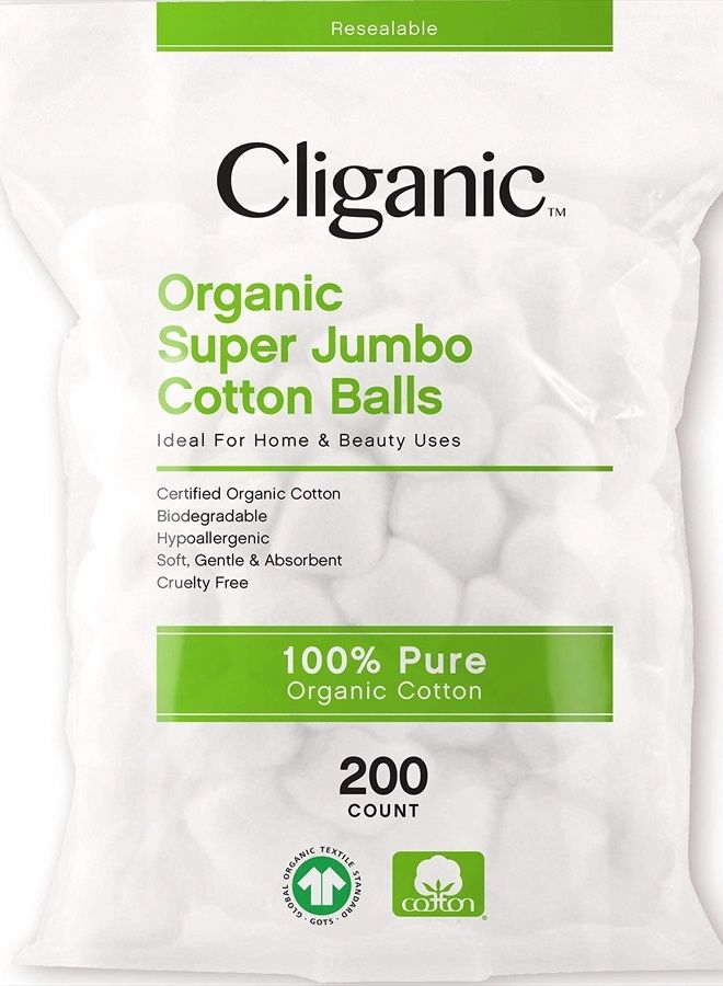 Organic Super Jumbo Cotton Balls (200 Count) - Hypoallergenic, Absorbent, Large Size, 100% Pure