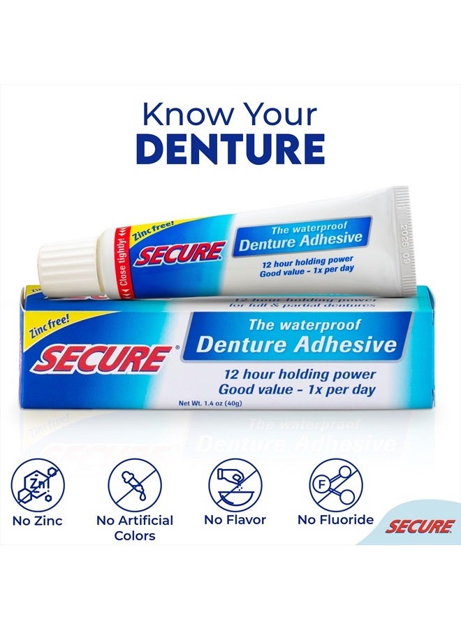 Waterproof Denture Adhesive - Zinc Free - Extra Strong Hold For Upper, Lower or Partials - 1.4 oz