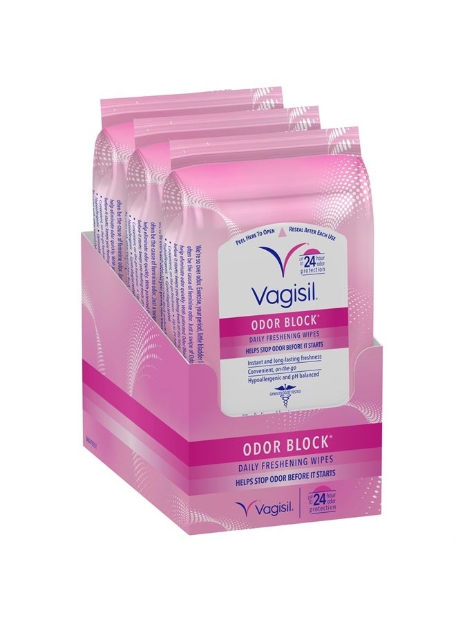 Odor Block Daily Freshening Wipes for Feminine Hygiene in Resealable Pouch, Gynecologist Tested & Hypoallergenic, 20 Wipes (Pack of 3)