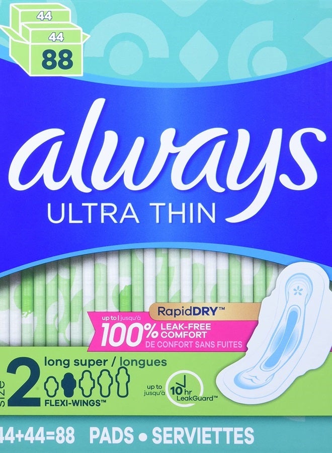 Ultra Thin Feminine Pads with Wings, Long/Super, Unscented, 88 Count