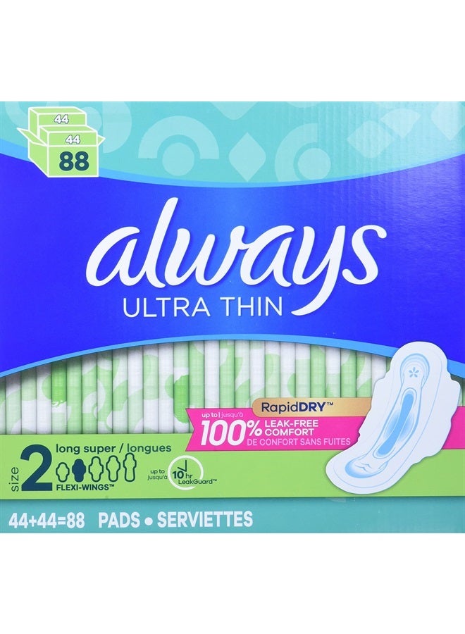 Ultra Thin Feminine Pads with Wings, Long/Super, Unscented, 88 Count