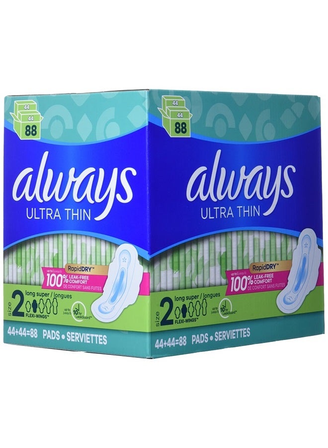 Ultra Thin Feminine Pads with Wings, Long/Super, Unscented, 88 Count