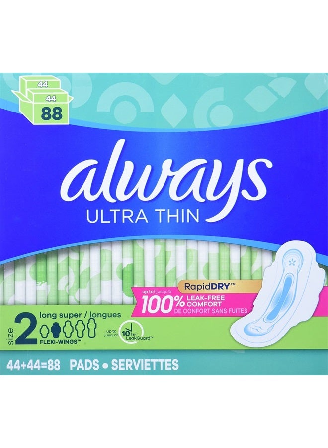 Ultra Thin Feminine Pads with Wings, Long/Super, Unscented, 88 Count