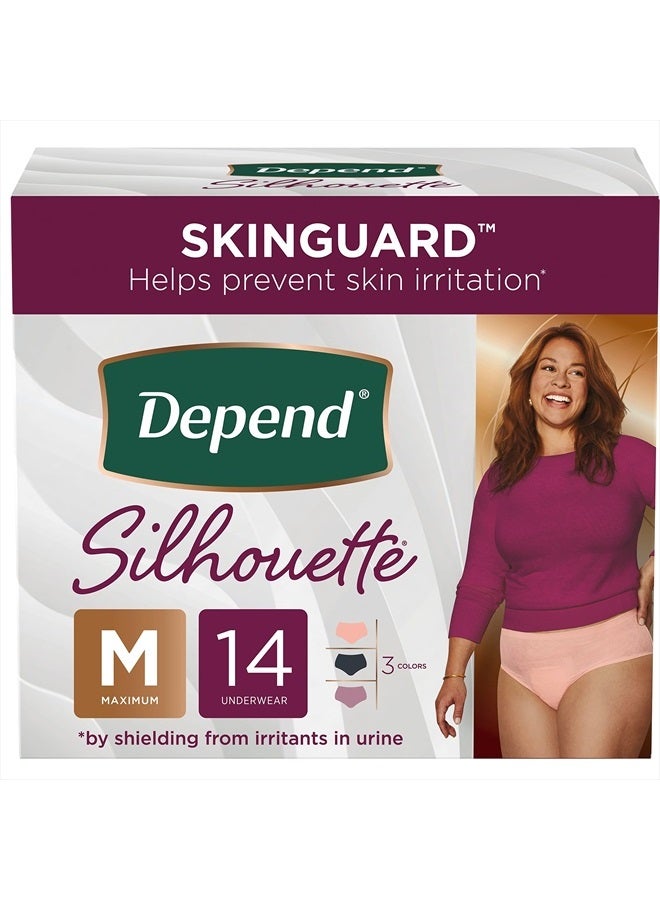 Silhouette Adult Incontinence and Postpartum Underwear for Women, Medium, Maximum Absorbency, Black, Pink and Berry, 14 Count, Packaging May Vary