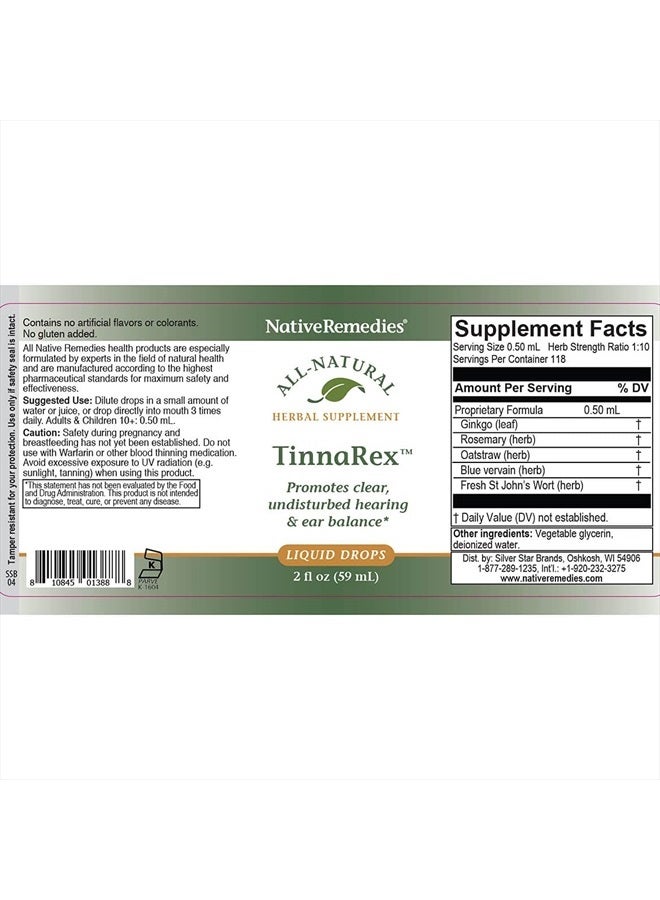 TinnaRex - All Natural Herbal Supplement Promotes Clear and Undisturbed Hearing - Supports Ear Structures, Sound Conduction and Conveyance - 59 mL