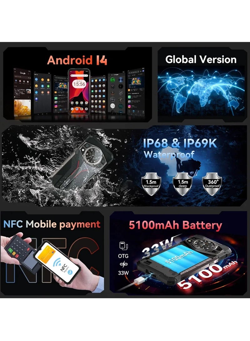 KINGKONG AX Rugged Mobile Phone 6.583Inch FHD+ Dual Screen Octa Core 12GB+256GB Android 14 100MP 5100mAh 33W Fast Charge 4G Dual Sim NFC - Black