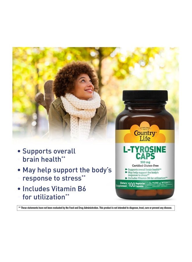 L-Tyrosine Caps, Supports Overall Brain Health, 500 mg, 100 Vegetarian Capsules, Certified Gluten Free Certified Vegetarian, Certified Halal