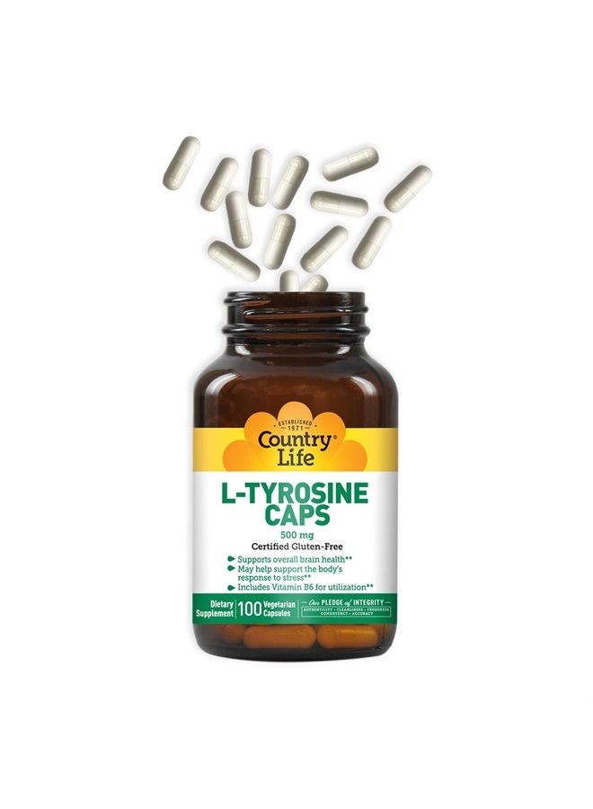 L-Tyrosine Caps, Supports Overall Brain Health, 500 mg, 100 Vegetarian Capsules, Certified Gluten Free Certified Vegetarian, Certified Halal