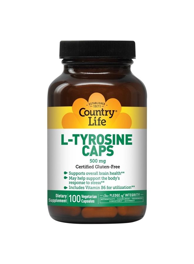 L-Tyrosine Caps, Supports Overall Brain Health, 500 mg, 100 Vegetarian Capsules, Certified Gluten Free Certified Vegetarian, Certified Halal