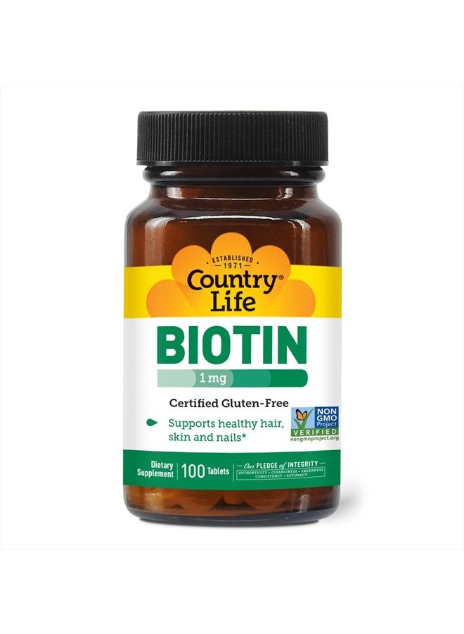 Biotin 1mg Supports Healthy Hair, Skin & Nails, 100 Tablets, Certified Gluten Free, Certified Vegan, Certified Halal, Non-GMO Verified