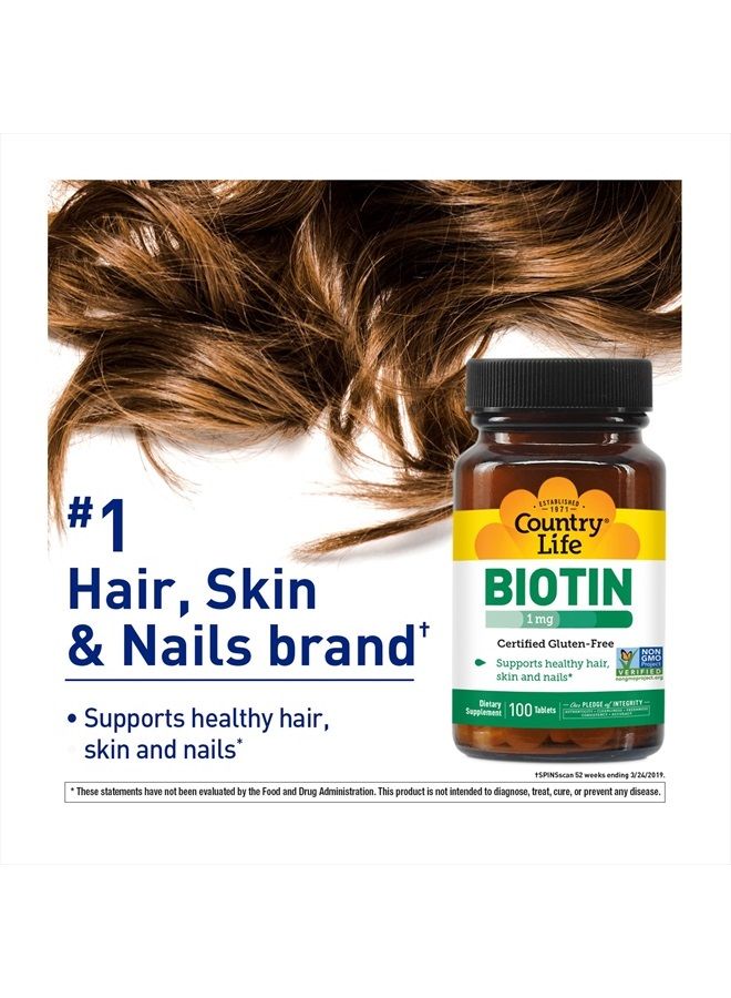 Biotin 1mg Supports Healthy Hair, Skin & Nails, 100 Tablets, Certified Gluten Free, Certified Vegan, Certified Halal, Non-GMO Verified