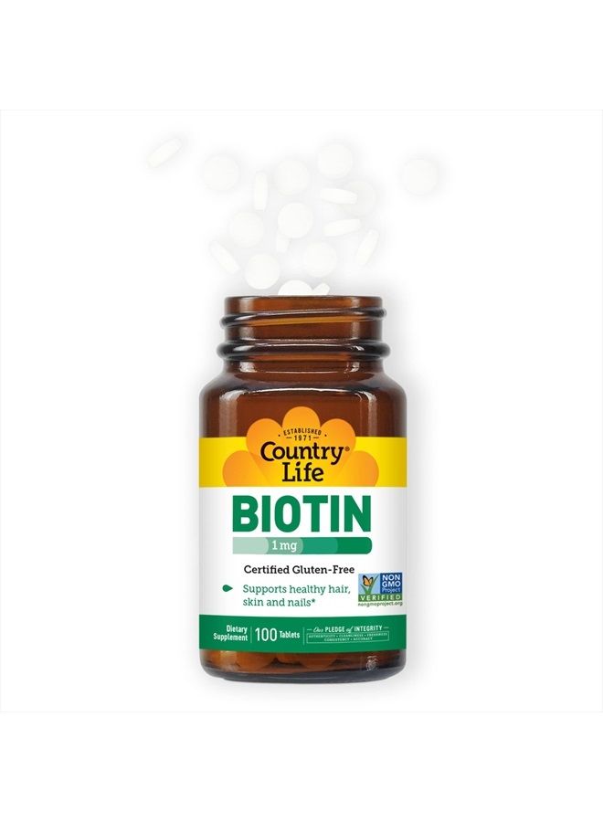 Biotin 1mg Supports Healthy Hair, Skin & Nails, 100 Tablets, Certified Gluten Free, Certified Vegan, Certified Halal, Non-GMO Verified